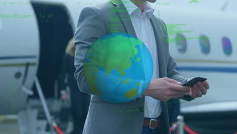 Animation-of-globe-and-data-processing-over-business-people-using-smartphone-by-airplane