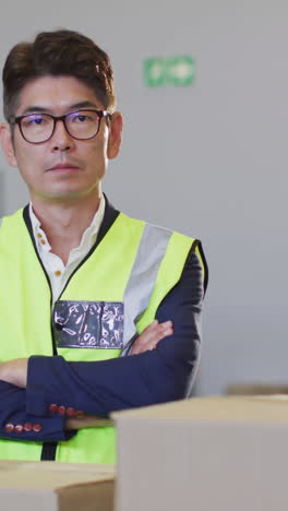 portrait of asian male worker wearing safety suit and smiling in warehouse