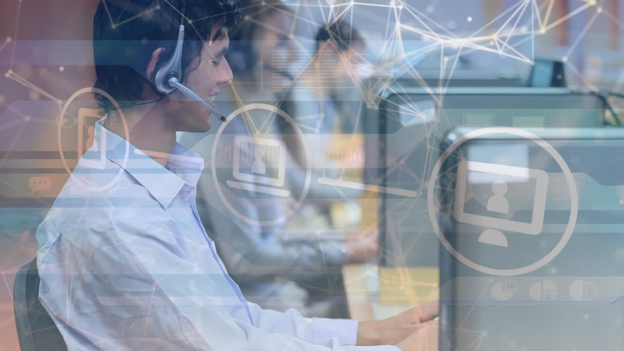 Animazione di una rete di connessioni e icone su persone d'affari che indossano visori