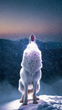 majestic white wolf in snowy mountains at sunrise/sunset