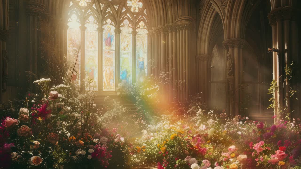 A serene video scene of a sunlit cathedral interior with vibrant flowers