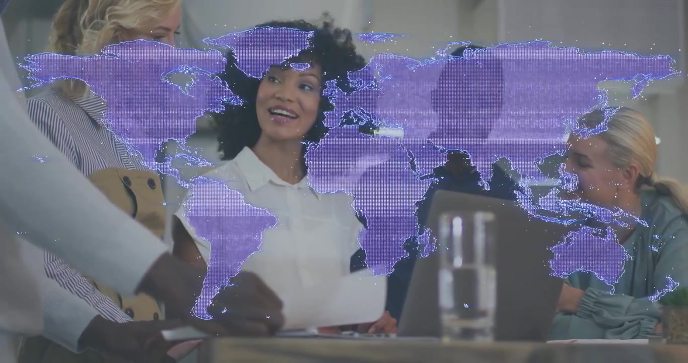 Purple map overlay appearing initiating business team reviewing docs at table celebrating success