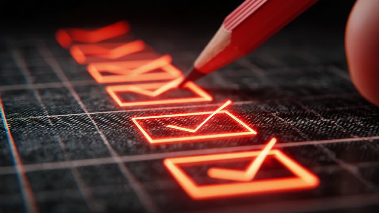 A Close-up View of a Vibrant Red Pencil Marking Off Completed Tasks on a Neon Checklist Against a Dark Textured Background