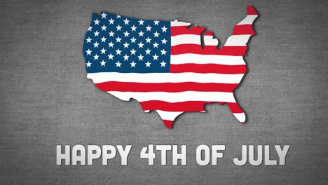 animation of an u.s. map with an u.s. flag waving with a text happy 4th of july on grey background