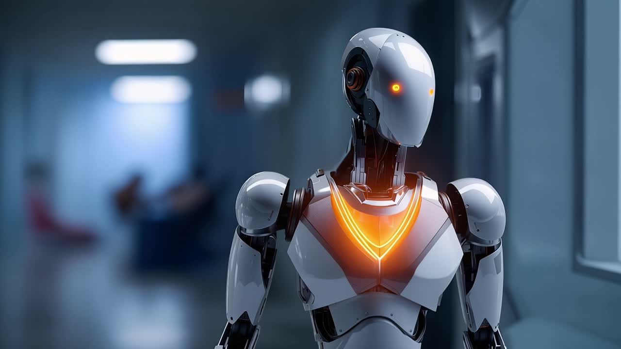 Koridorda Parlayan Detaylara Sahip Fütüristik İnsansı Robot