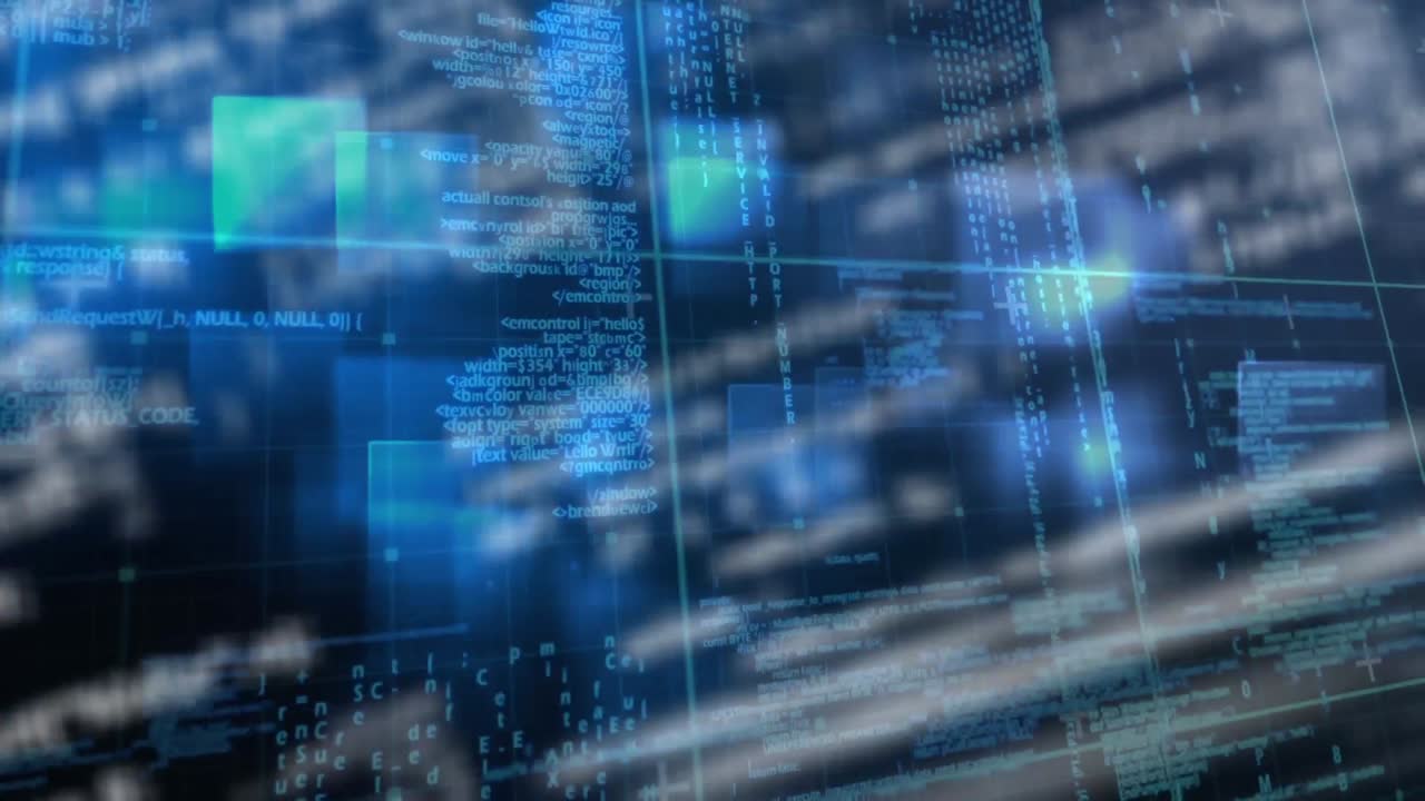 Animation of data processing on grid and glowing blue background