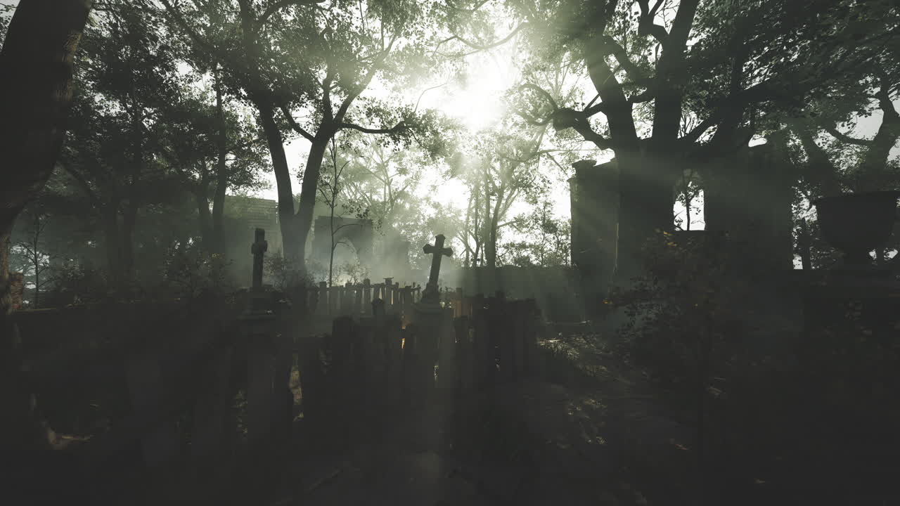 Cimitero nebbioso all'alba con la luce del sole che filtra tra gli alberi