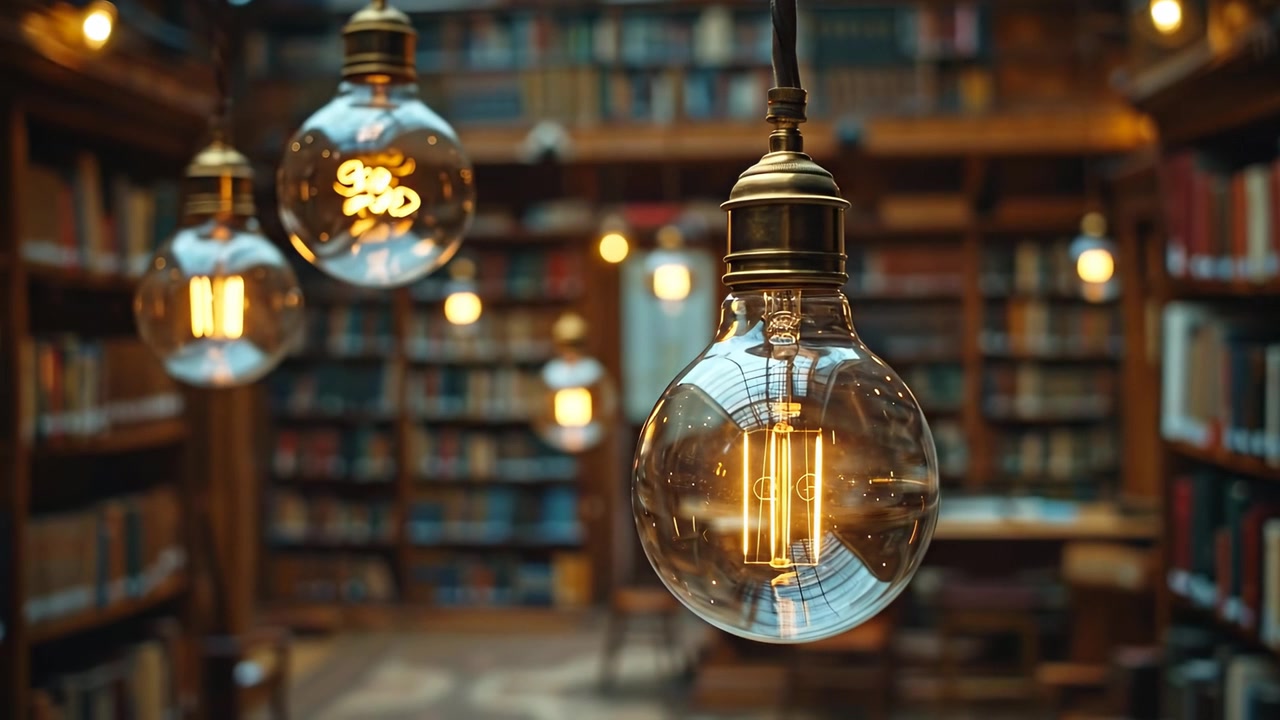 Enfoque selectivo en una bombilla de filamento incandescente vintage colgando dentro de una sala de biblioteca oscura llena de estanterías.