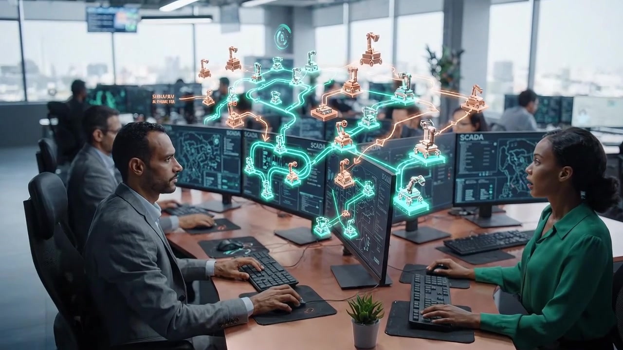 Engineers Collaborating on SCADA System with Augmented Reality Robots