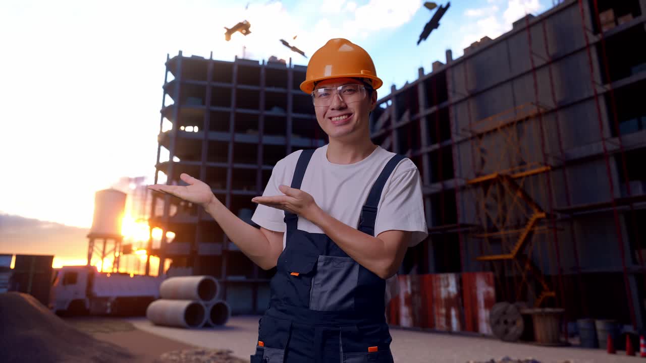 un trabajador asiático apuntando hacia un lado en el sitio de construcción
