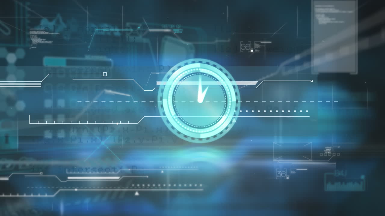 Animation of neon ticking clock and data processing against blue background