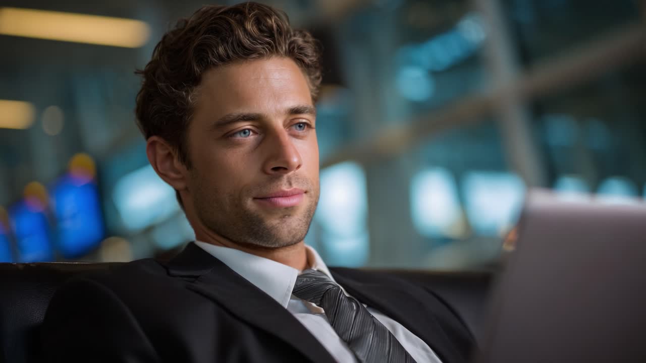 Professional Man in Suit Engaging with Digital Device While Relaxing in Modern Airport Lounge, Exuding Confidence and Focus During Business Travel Experience