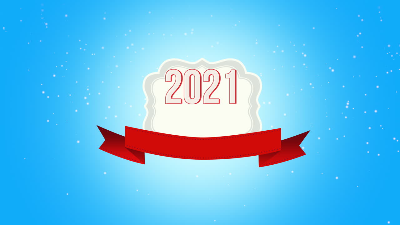 Animierte Nahaufnahme „Der Weihnachtsmann kommt“ und „2021“ Text, fliegende weiße Schneeflocken und Hirsche auf Schnee-Hintergrund mit Retro-Banner