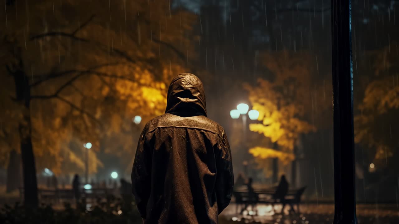 Solitary figure wearing hooded raincoat standing motionless amid rainy nighttime urban park, yellow lit trees and streetlamps surrounding dark silhouette