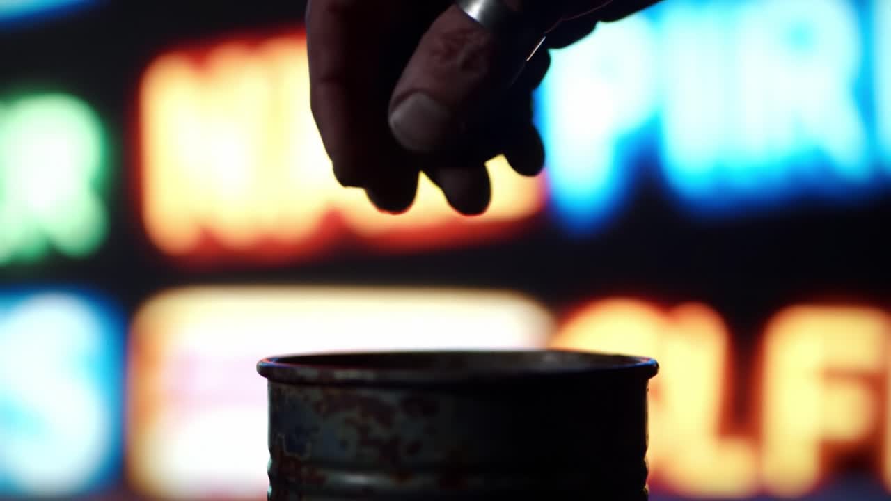 A Close-Up of a Hand Dropping an Object into a Container with Vibrant Background Lights Creating a Dynamic and Engaging Scene