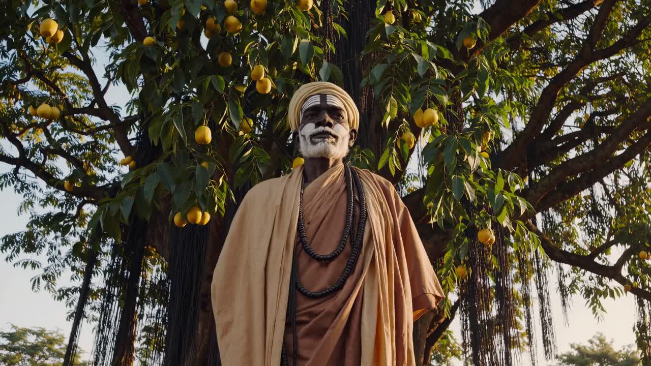 Tribal shaman with ritual body paint performing sacred ceremony near neem tree, yellow fruits dangling, black ropes framing sunset landscape in traditional spiritual setting