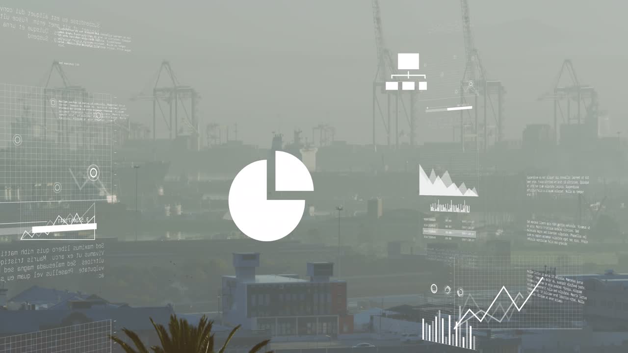 Animation of data processing against aerial view of cityscape