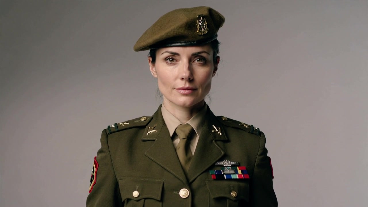 Telecamera che zooma, donna ufficiale militare in piedi con sguardo fisso in studio, che mostra il berretto per un ritratto.