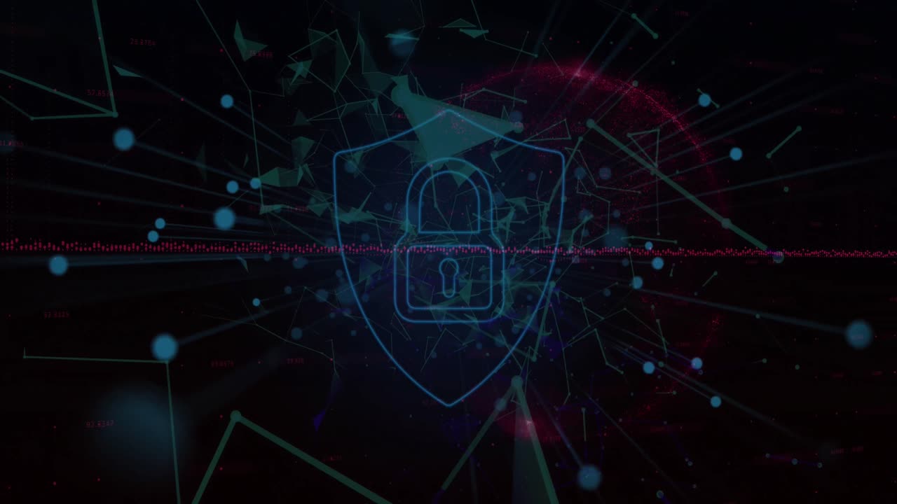 Security padlock shield icon over network of connections against black background