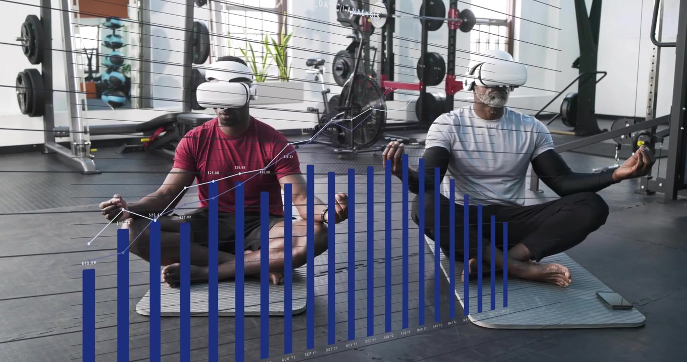 Dua pria duduk bersila di atas matras, headset tersinkronisasi, bilah AR naik menyapu ke kanan untuk meditasi.
