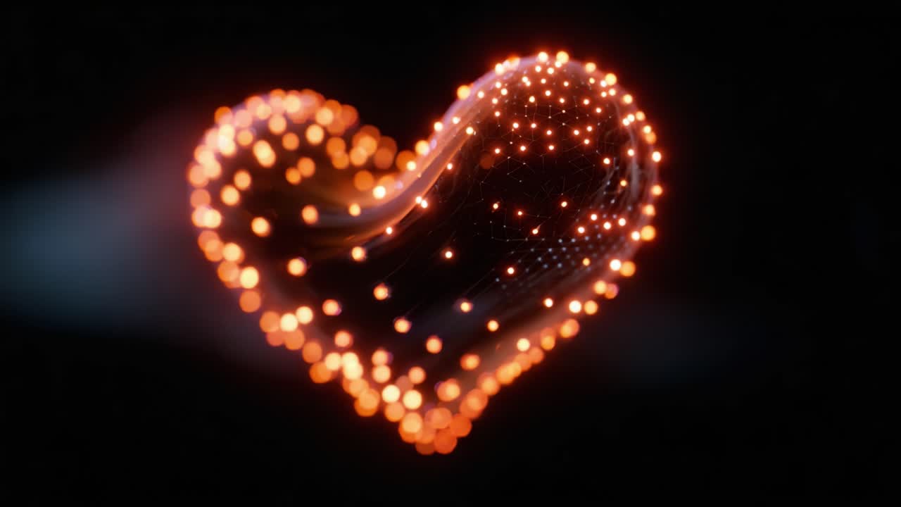 Una straordinaria rappresentazione astratta di un design a forma di cuore illuminato da punti luce in uno sfondo scuro, che simboleggia l'amore e l'emozione