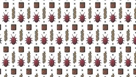 animation of pattern of repeated rows of caterpillars, beetles and tree stumps, on white background