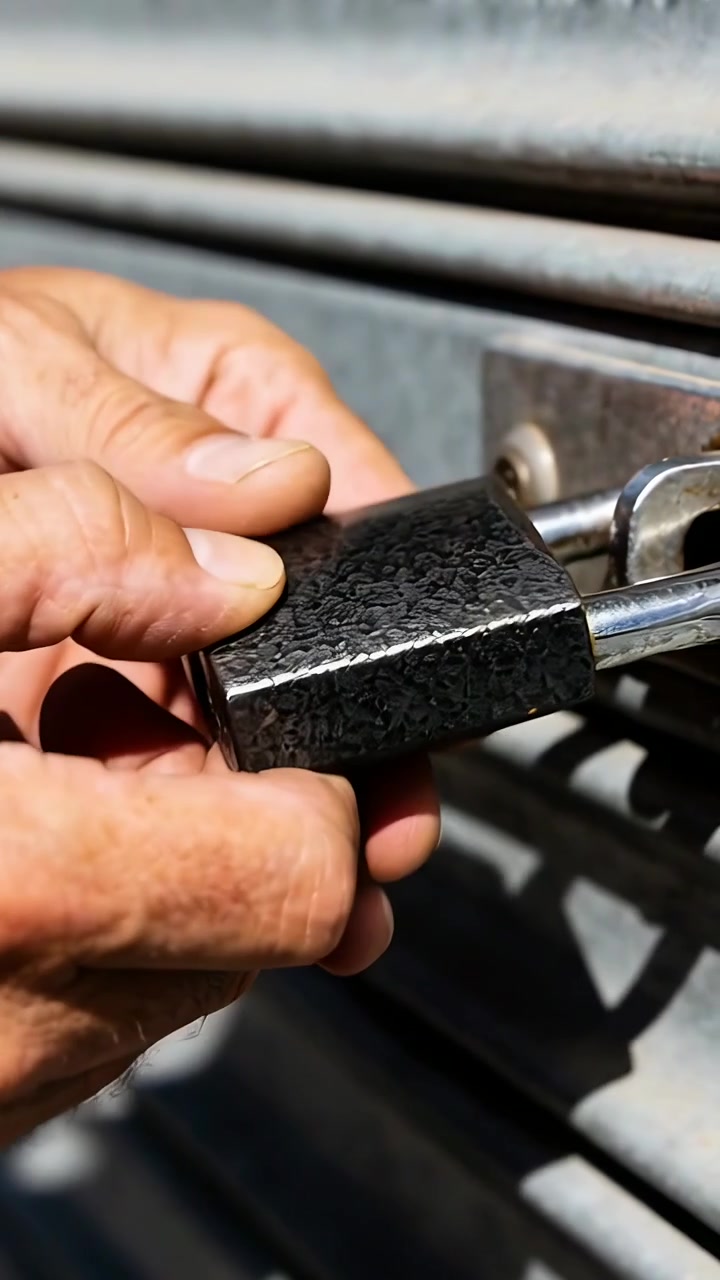 Video verticale: Mani maschili che fissano, allineando un lucchetto e bloccando il chiavistello su una porta del garage, avambracci nudi.
