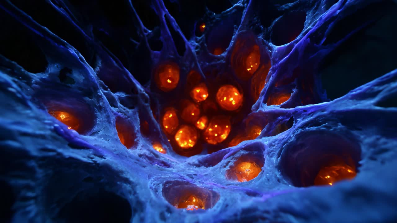 An Intriguing Close-Up of a Microscopic Structure Featuring Vibrant Orange Glowing Spheres Amidst a Network of Blue Filaments Creating a Mysterious Atmosphere
