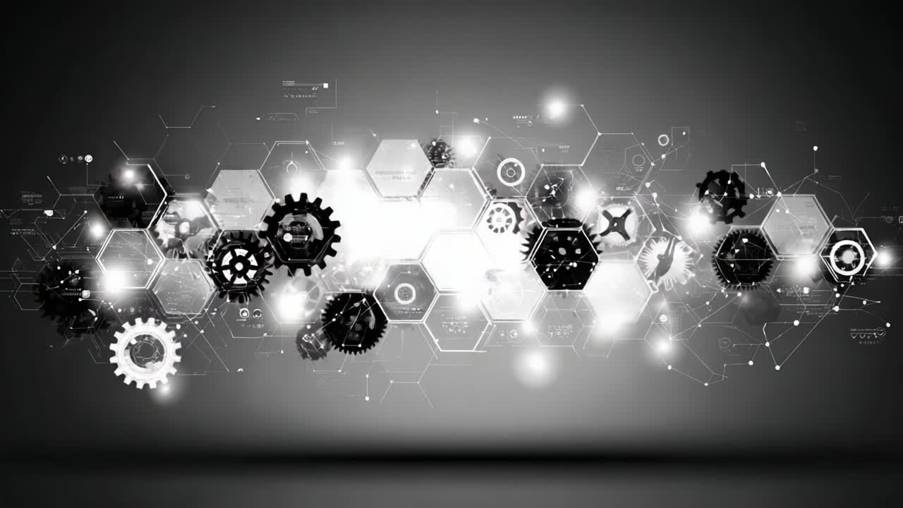Dynamic Visualization of Interconnected Gears and Hexagons Showcasing the Complexity of Modern Technology and Innovation, Symbolizing Progress and Engineering Mastery