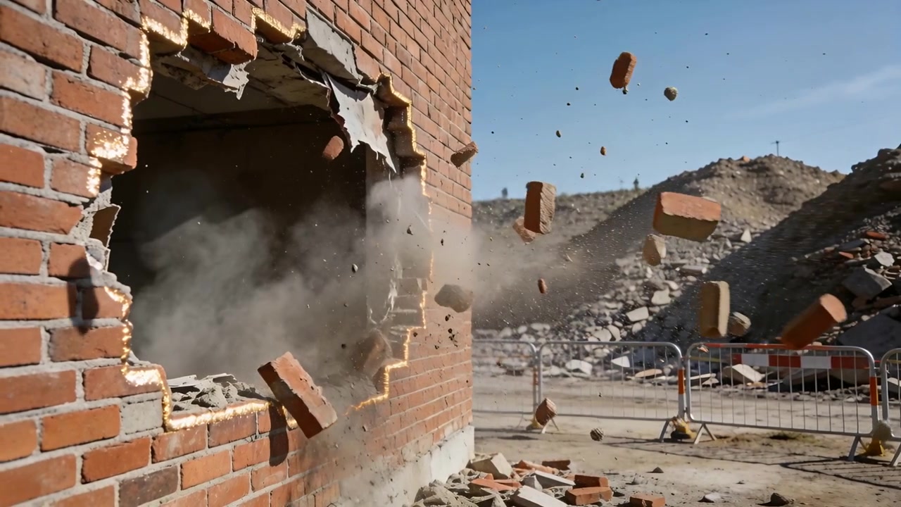 Blasting brick wall breaching from interior at site for demolition, ejecting bricks, sending dust