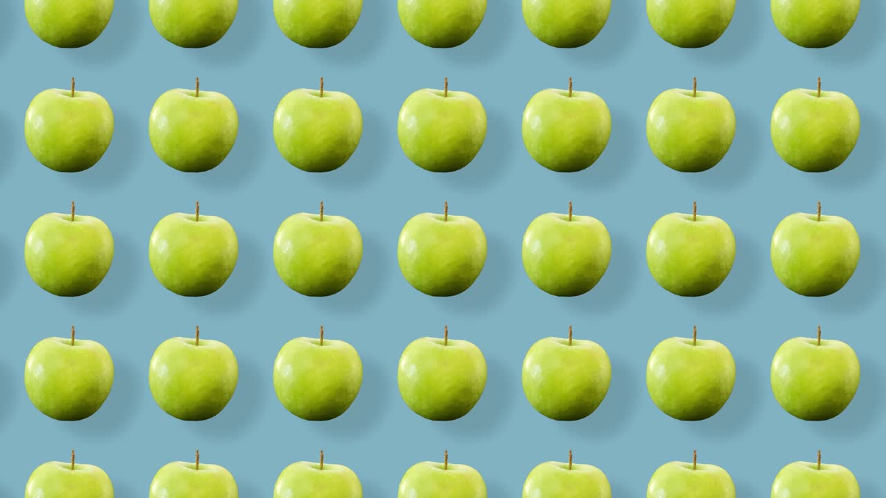 파란색 배경과 그림자를 가진 신선한 사과의 녹색 과일 패턴, 사과와 함께 원활한 패턴, 현실적인 애니메이션, 4k 비디오 모션