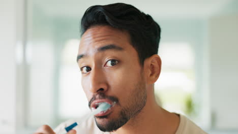 dental, face and man brushing his teeth