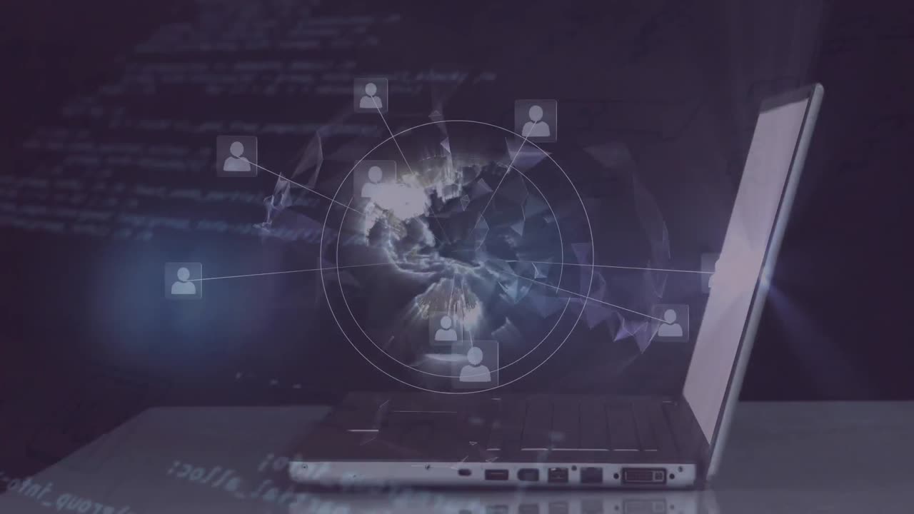 Animation of network of connections, scope scanning over laptop