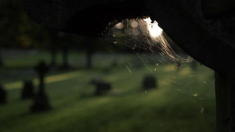 View-of-graveyard-through-cobweb-on-headstone-panning-shot