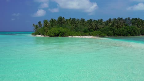 clear calm water of turquoise lagoon around tropical island with lush vegetation and palm trees forest under peaceful blue sky in fiji