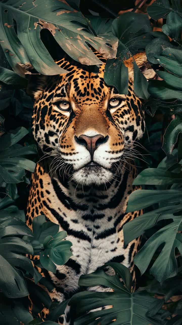 Close-up video still of a leopard hidden among lush green leaves, captured from a frontal angle
