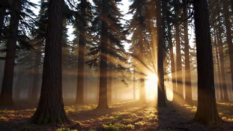 sunbeams in a misty forest