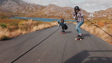 Fröhliche-Multiethnische-Freunde,-Die-Zusammen-Longboarden-Und-Hinter-Dem-Fahrzeug-Hergezogen-Sind-Und-Spaß-Beim-Skaten-Auf-Der-Landstraße-Haben-Und-Extremsportarten-Mit-Schutzhelm-Genießen