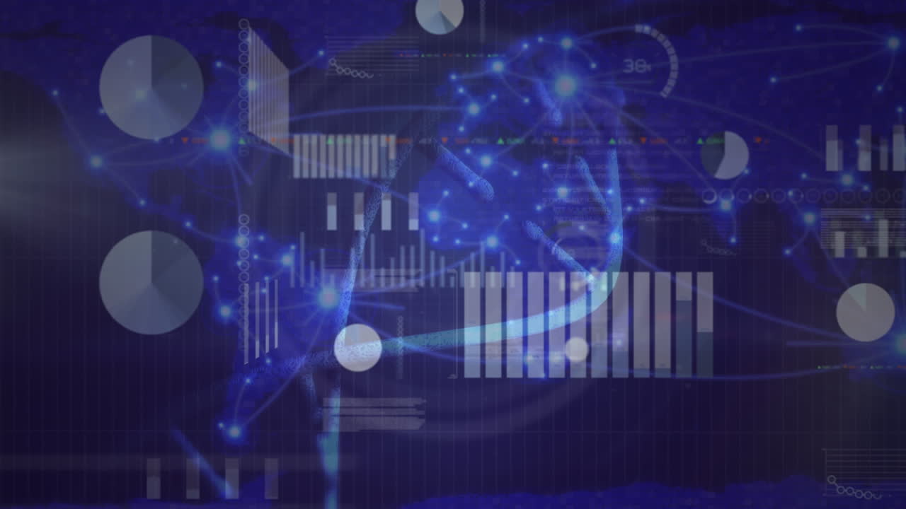 Animation of infographic interface with dna helix over illuminated lights in background