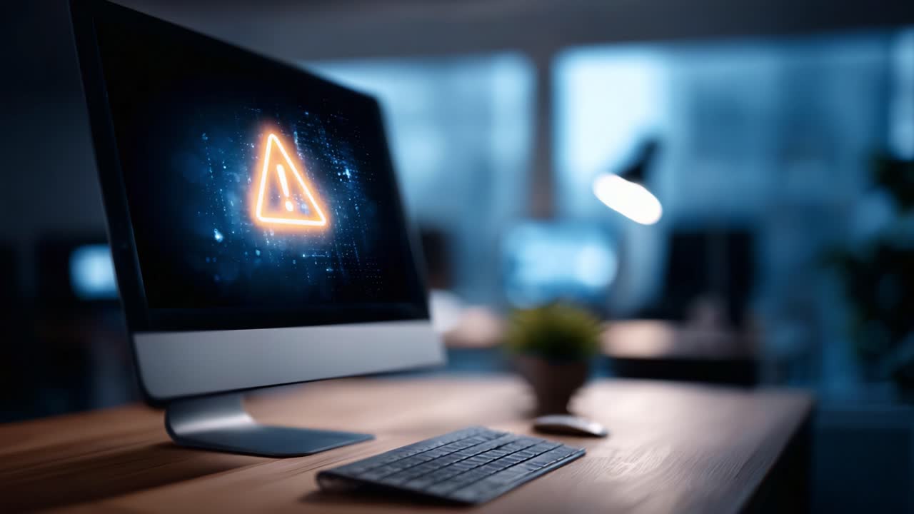 A modern computer setup showcasing a glowing warning sign on the screen, set against a dimly lit office environment with a stylish desk lamp and plant