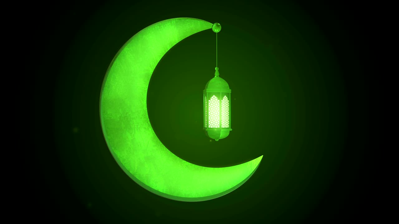 linterna de celebración brillante colgando en la luna en fondo oscuro. ramadán kareem fondo de movimiento islámico. animación en bucle 3d.