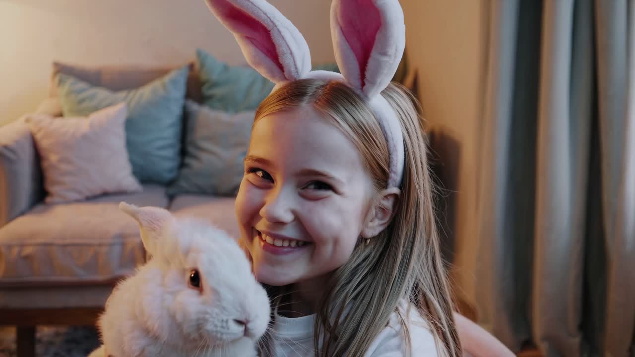 A joyful girl with bunny ears cuddles a white rabbit on a cozy sofa