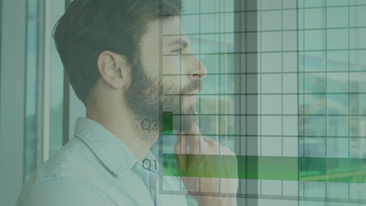 Animazione di elaborazione di statistiche e dati su uomo d'affari