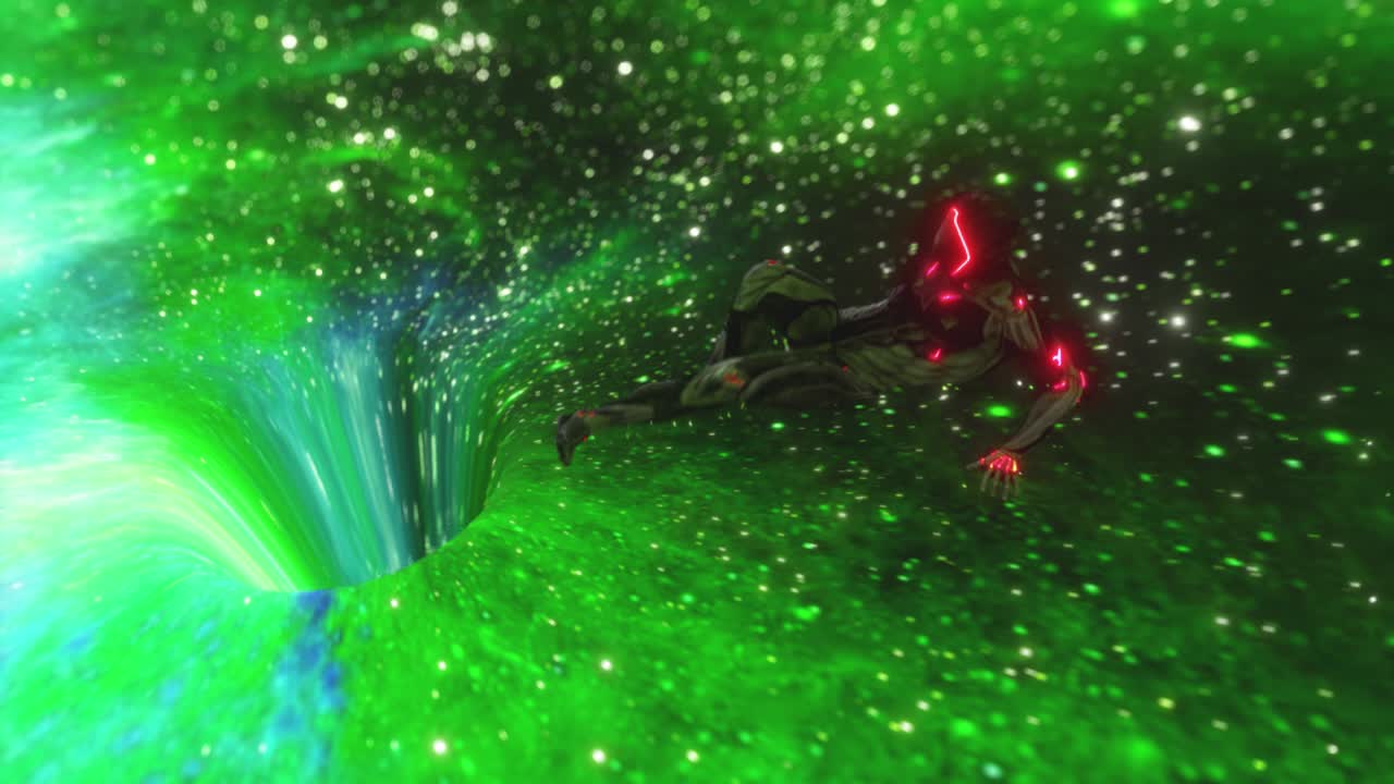 블랙홀 개념의 추상적인 작곡: 외계인 캐릭터가 움직이는 우주 텍스처를 가진 블랙홀에 끌려갑니다.