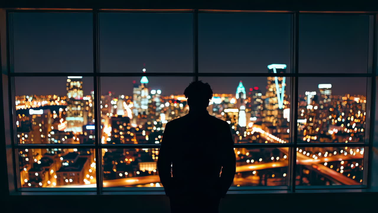 Cityscape at Night from High-Rise Window