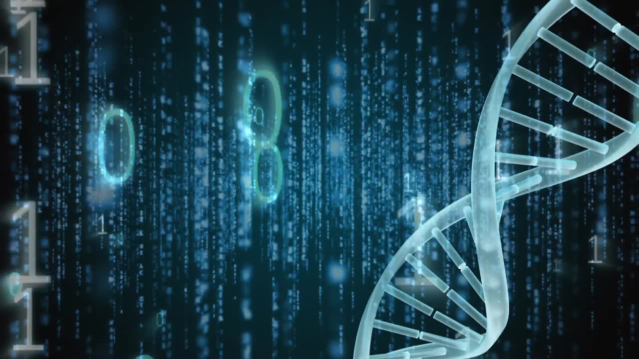 Ilustration of spinning DNA surounded by binary codes