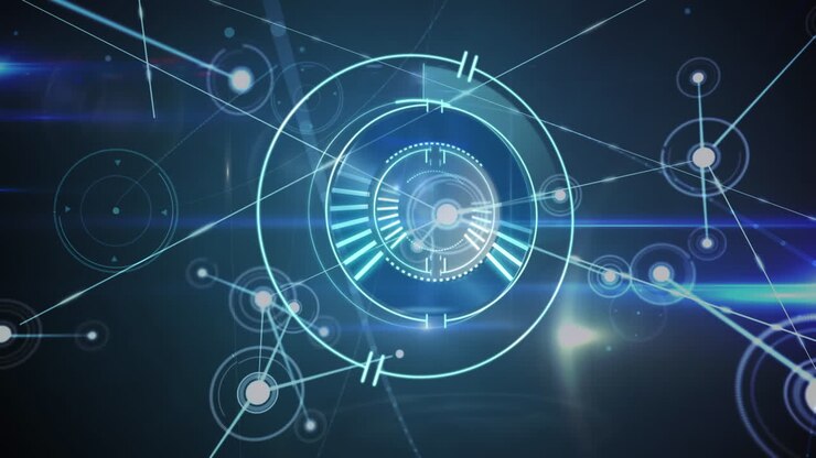 Animazione digitale di uno scanner rotondo con una rete di connessioni su sfondo blu.