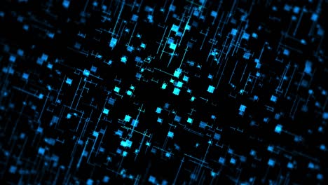 tecnología brillante de líneas de neón azul. concepto de negocio. representación 3d de cuadrados giratorios que se cruzan en fondo negro. animación de bucle.