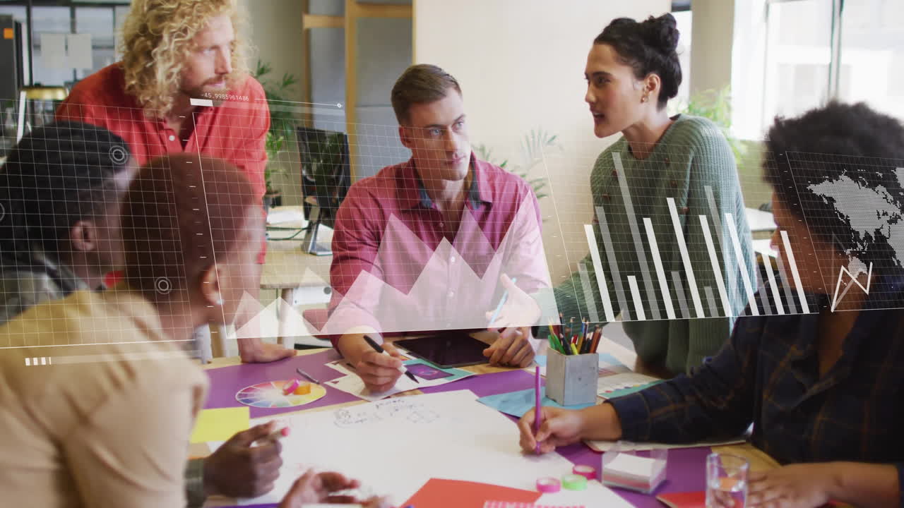 Animation of financial data processing over diverse business people in office