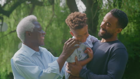 Lächelnde-Männliche-Mehrgenerationenfamilie-Zu-Hause-Im-Garten-Zusammen